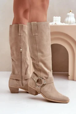Zamszowe Kozaki Na Niskim Obcasie Z Cholewką Przed Kolano Zazoo 3444/O Jasnobeżowe