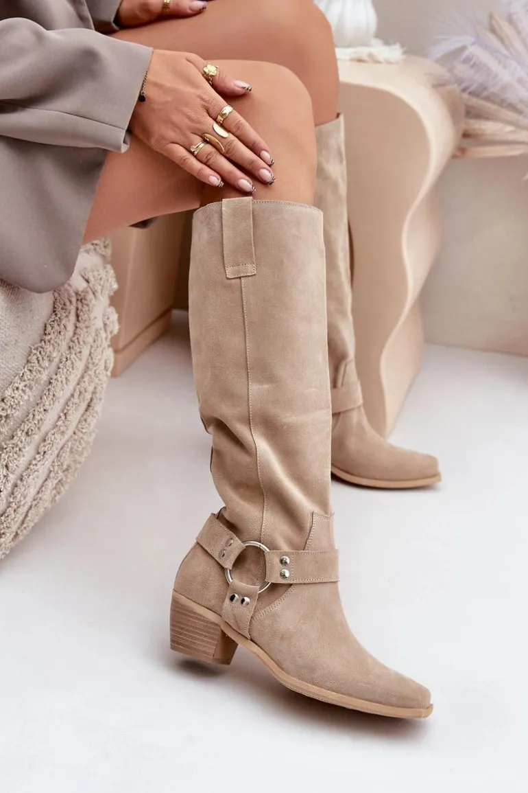 Zamszowe Kozaki Na Niskim Obcasie Z Cholewką Przed Kolano Zazoo 3444/O Jasnobeżowe