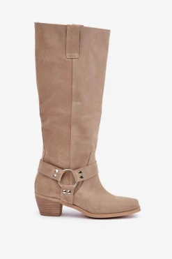 Zamszowe Kozaki Na Niskim Obcasie Z Cholewką Przed Kolano Zazoo 3444/O Jasnobeżowe