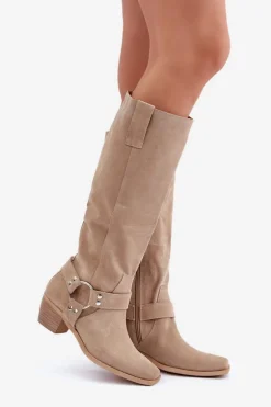 Zamszowe Kozaki Na Niskim Obcasie Z Cholewką Przed Kolano Zazoo 3444/O Jasnobeżowe