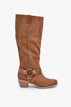 Zamszowe Kozaki Na Niskim Obcasie Z Cholewką Przed Kolano Zazoo 3444/O Camel