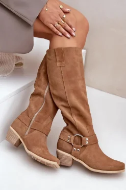 Zamszowe Kozaki Na Niskim Obcasie Z Cholewką Przed Kolano Zazoo 3444/O Camel