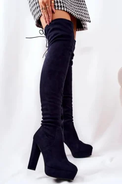 Zamszowe Kozaki Na Obcasie Granatowe Minesa