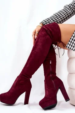 Zamszowe Kozaki Na Obcasie Bordowe Minesa