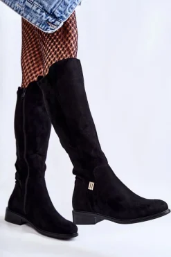 Zamszowe Kozaki Na Płaskim Obcasie Czarne Giulia