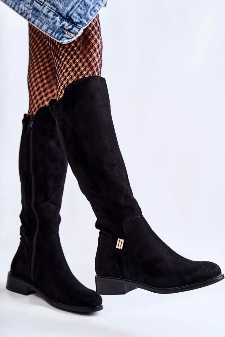 Zamszowe Kozaki Na Płaskim Obcasie Czarne Giulia