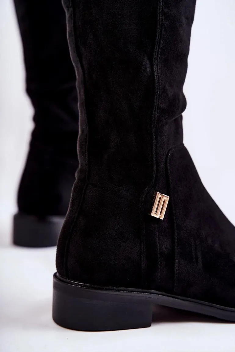 Zamszowe Kozaki Na Płaskim Obcasie Czarne Giulia