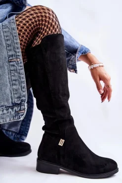 Zamszowe Kozaki Na Płaskim Obcasie Czarne Giulia