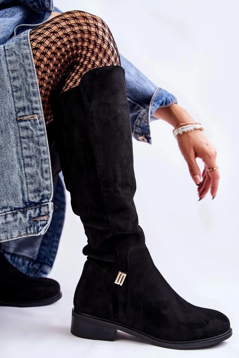 Zamszowe Kozaki Na Płaskim Obcasie Czarne Giulia