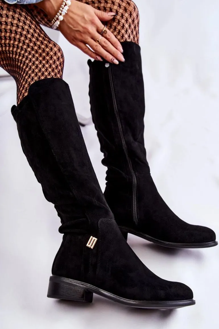 Zamszowe Kozaki Na Płaskim Obcasie Czarne Giulia