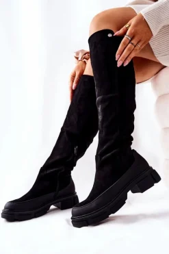 Zamszowe Kozaki Na Płaskim Obcasie Czarne Kalisso