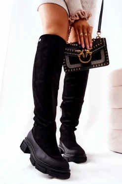 Zamszowe Kozaki Na Płaskim Obcasie Czarne Kalisso