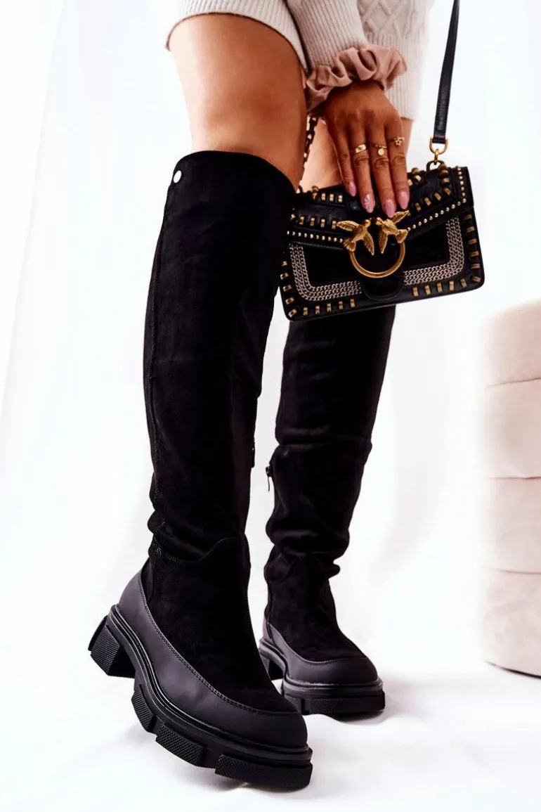 Zamszowe Kozaki Na Płaskim Obcasie Czarne Kalisso