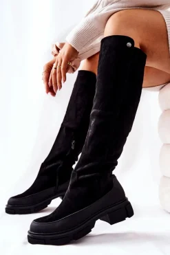 Zamszowe Kozaki Na Płaskim Obcasie Czarne Kalisso