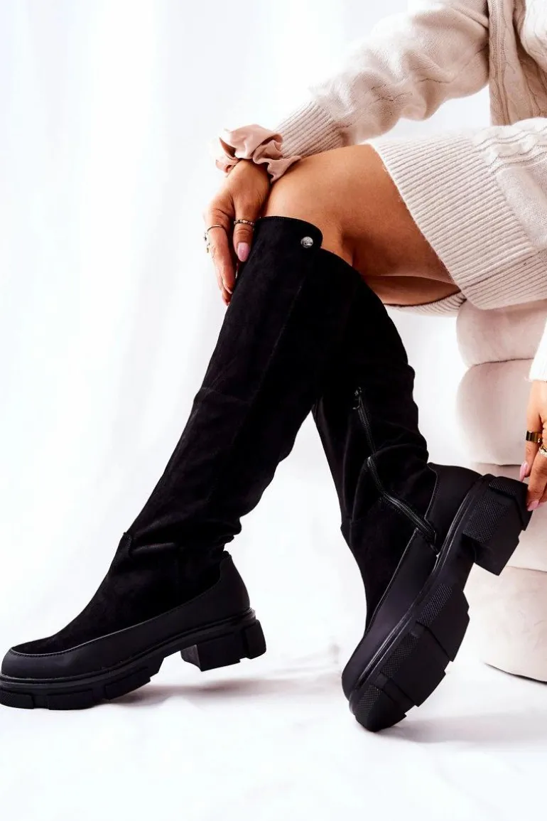 Zamszowe Kozaki Na Płaskim Obcasie Czarne Kalisso