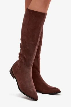Zamszowe Kozaki Na Płaskim Obcasie Brązowe Eelin