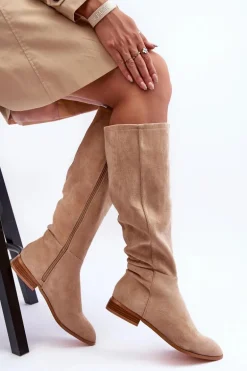 Zamszowe Kozaki Na Płaskim Obcasie Beżowe Eelin
