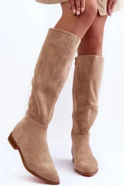 Zamszowe Kozaki Na Płaskim Obcasie Beżowe Eelin