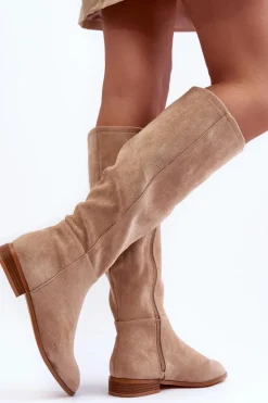 Zamszowe Kozaki Na Płaskim Obcasie Beżowe Eelin