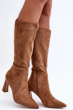 Zamszowe Kozaki Na Słupku Brązowe Adrolio