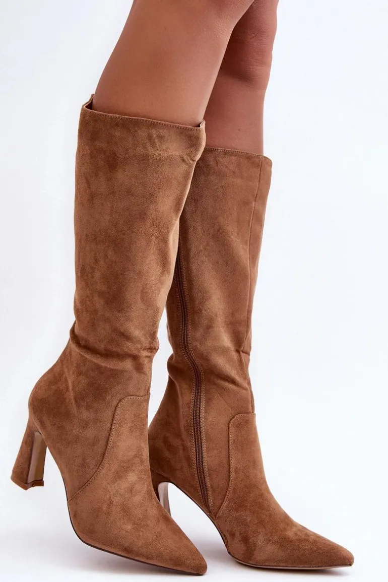 Zamszowe Kozaki Na Słupku Brązowe Adrolio