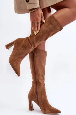 Zamszowe Kozaki Na Słupku Brązowe Adrolio