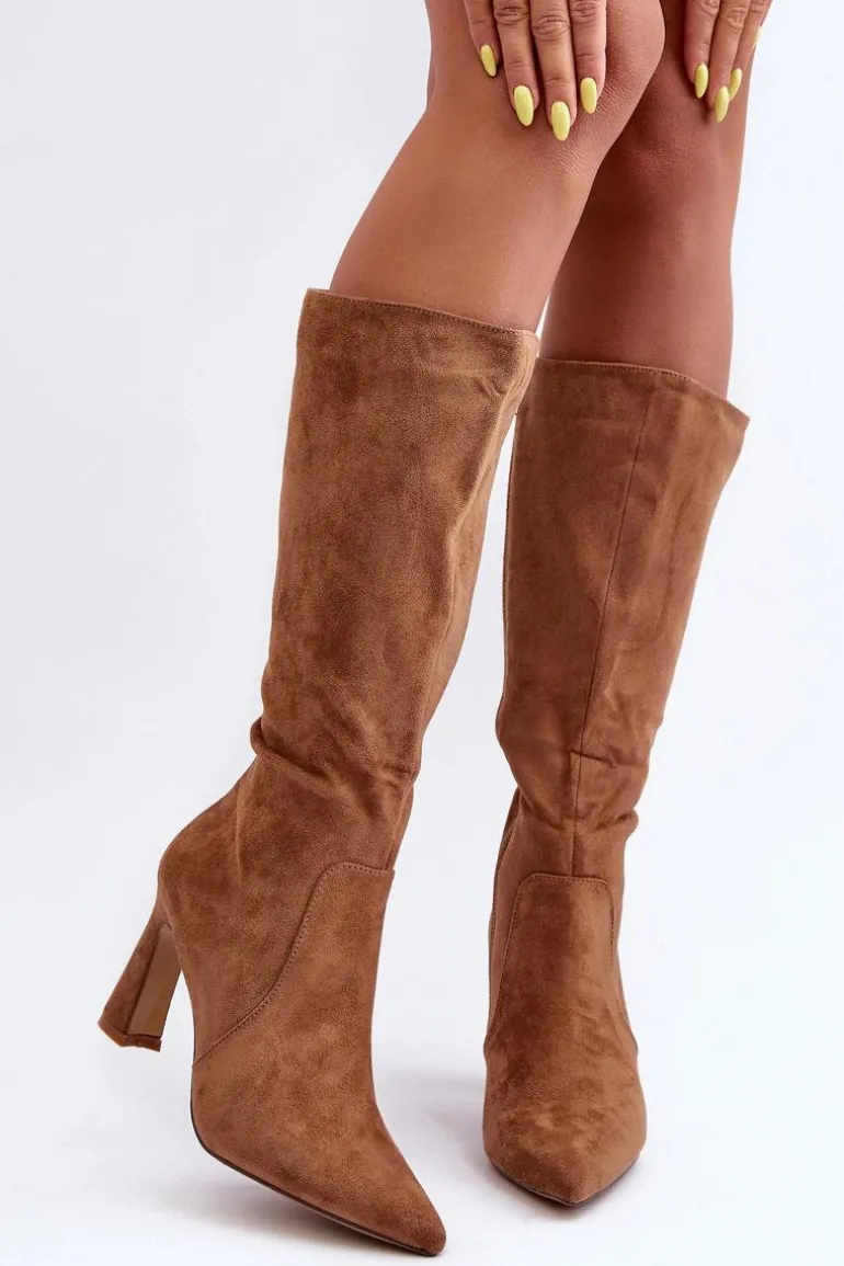 Zamszowe Kozaki Na Słupku Brązowe Adrolio