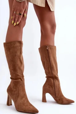 Zamszowe Kozaki Na Słupku Brązowe Adrolio