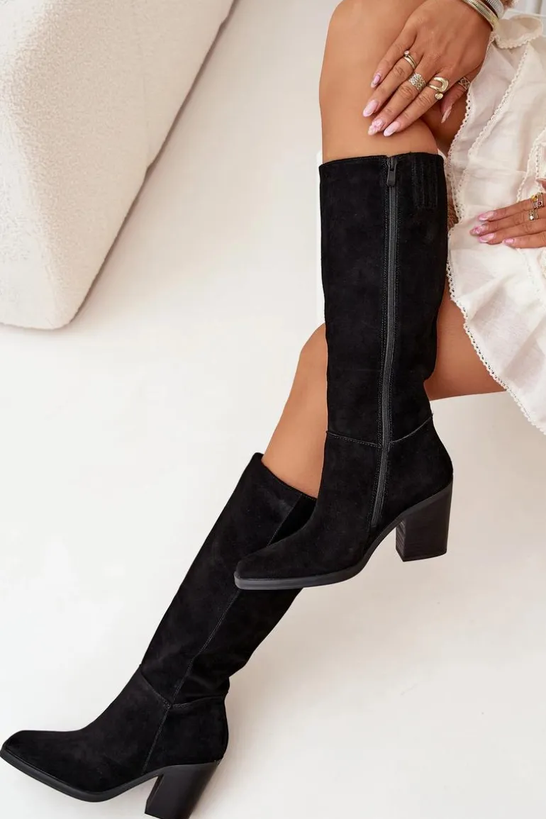 Zamszowe Kozaki Na Słupku Zamek Czarne Lissara