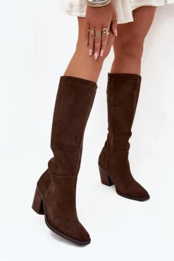 Zamszowe Kozaki Na Słupku Zamek Czekoladowe Lissara