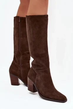 Zamszowe Kozaki Na Słupku Zamek Czekoladowe Lissara