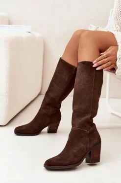 Zamszowe Kozaki Na Słupku Zamek Czekoladowe Lissara