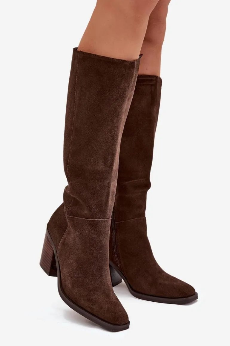 Zamszowe Kozaki Na Słupku Zamek Czekoladowe Lissara