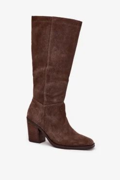 Zamszowe Kozaki Na Słupku Zamek Brązowe Lissara