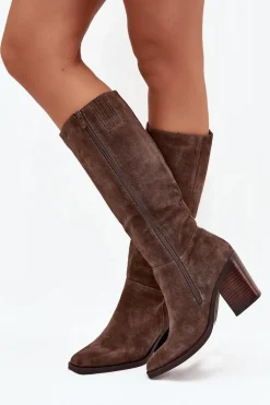 Zamszowe Kozaki Na Słupku Zamek Brązowe Lissara