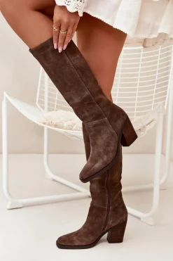 Zamszowe Kozaki Na Słupku Zamek Brązowe Lissara