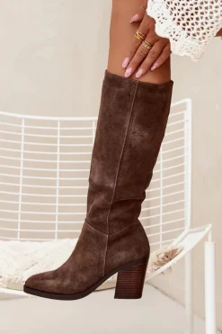 Zamszowe Kozaki Na Słupku Zamek Brązowe Lissara