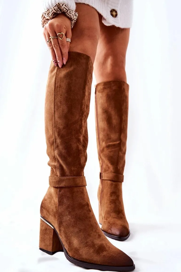 Zamszowe Kozaki Na Słupku Camel Corises