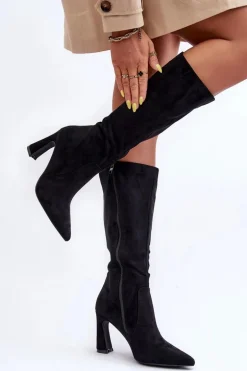 Zamszowe Kozaki Na Słupku Czarne Adrolio