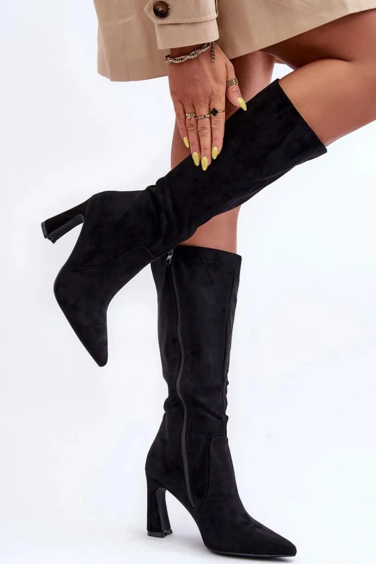 Zamszowe Kozaki Na Słupku Czarne Adrolio