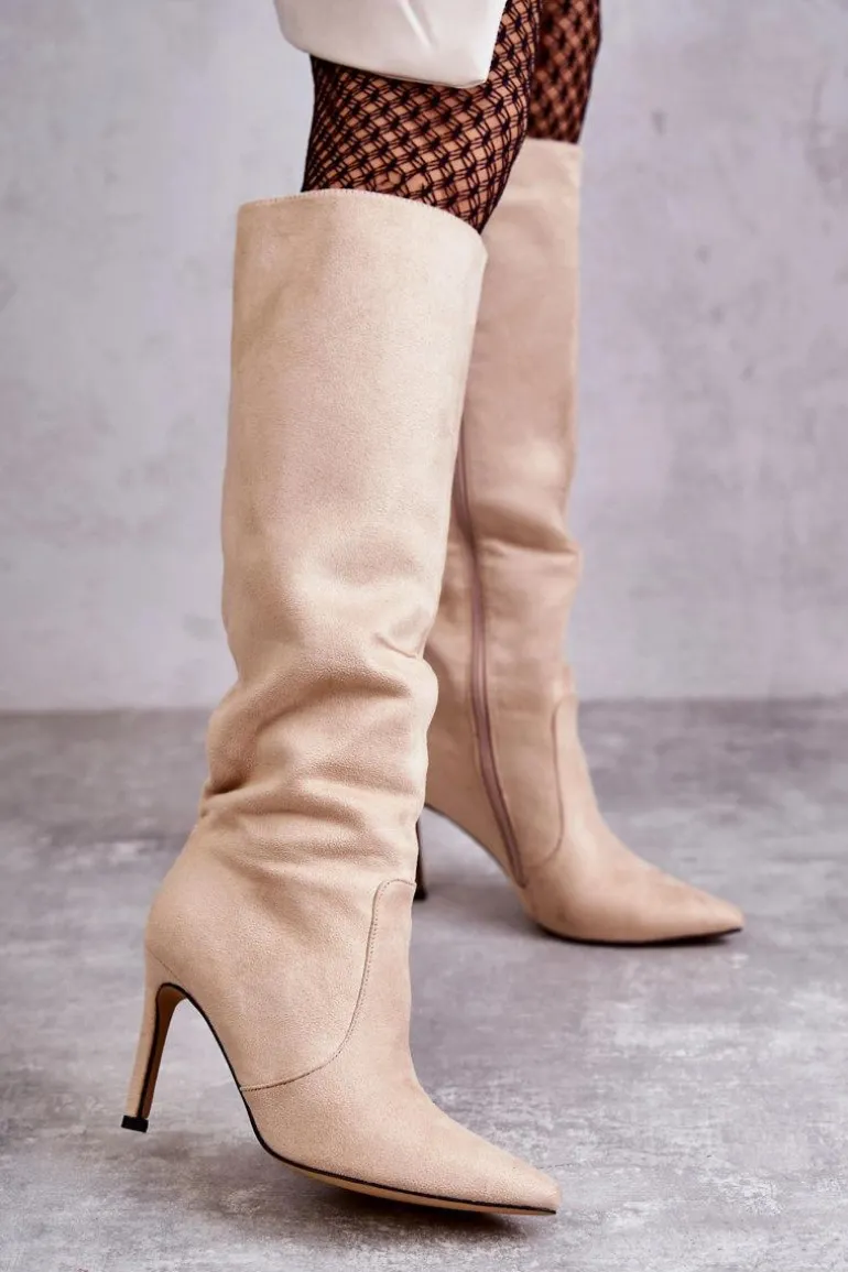 Zamszowe Kozaki Na Szpilce Beżowe Carite