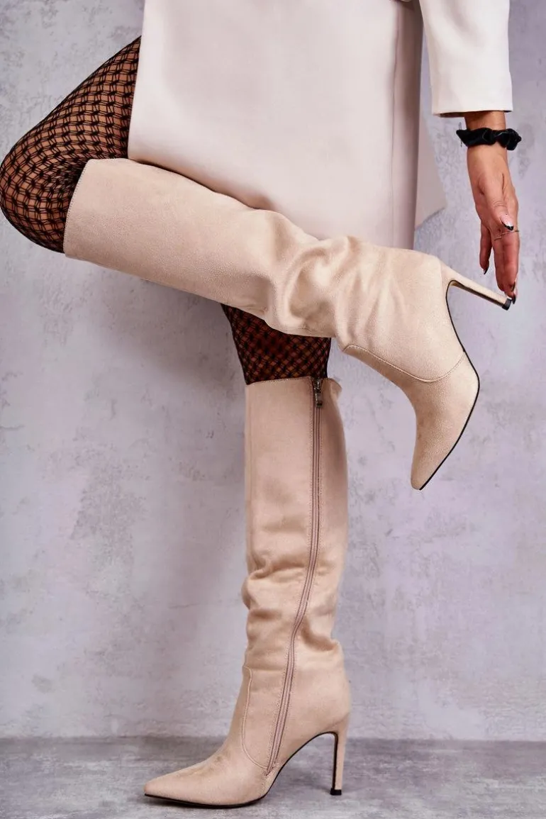 Zamszowe Kozaki Na Szpilce Beżowe Carite