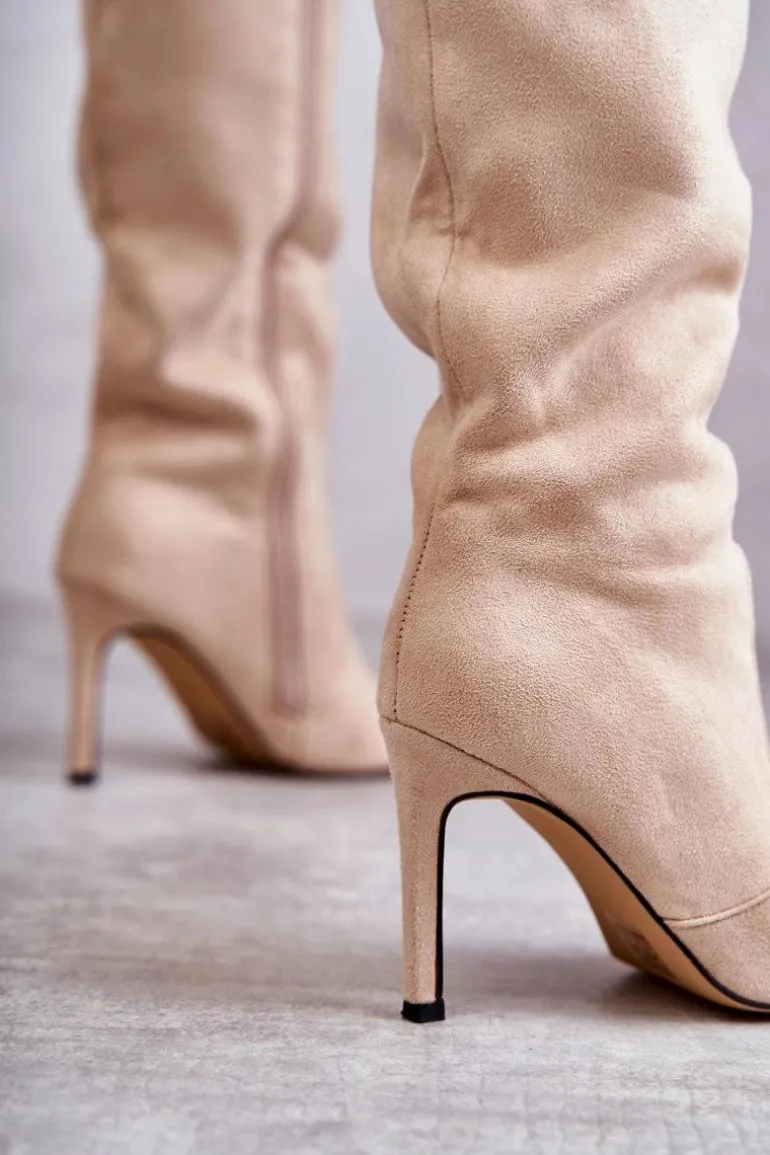 Zamszowe Kozaki Na Szpilce Beżowe Carite