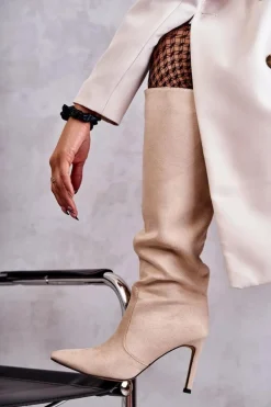 Zamszowe Kozaki Na Szpilce Beżowe Carite