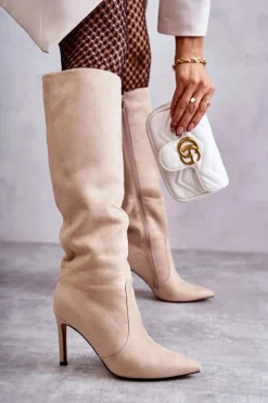 Zamszowe Kozaki Na Szpilce Beżowe Carite