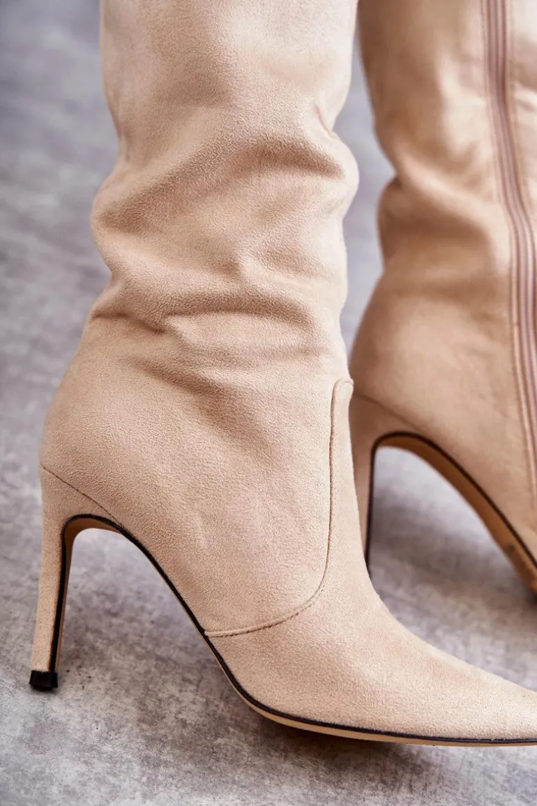 Zamszowe Kozaki Na Szpilce Beżowe Carite