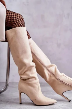 Zamszowe Kozaki Na Szpilce Beżowe Carite