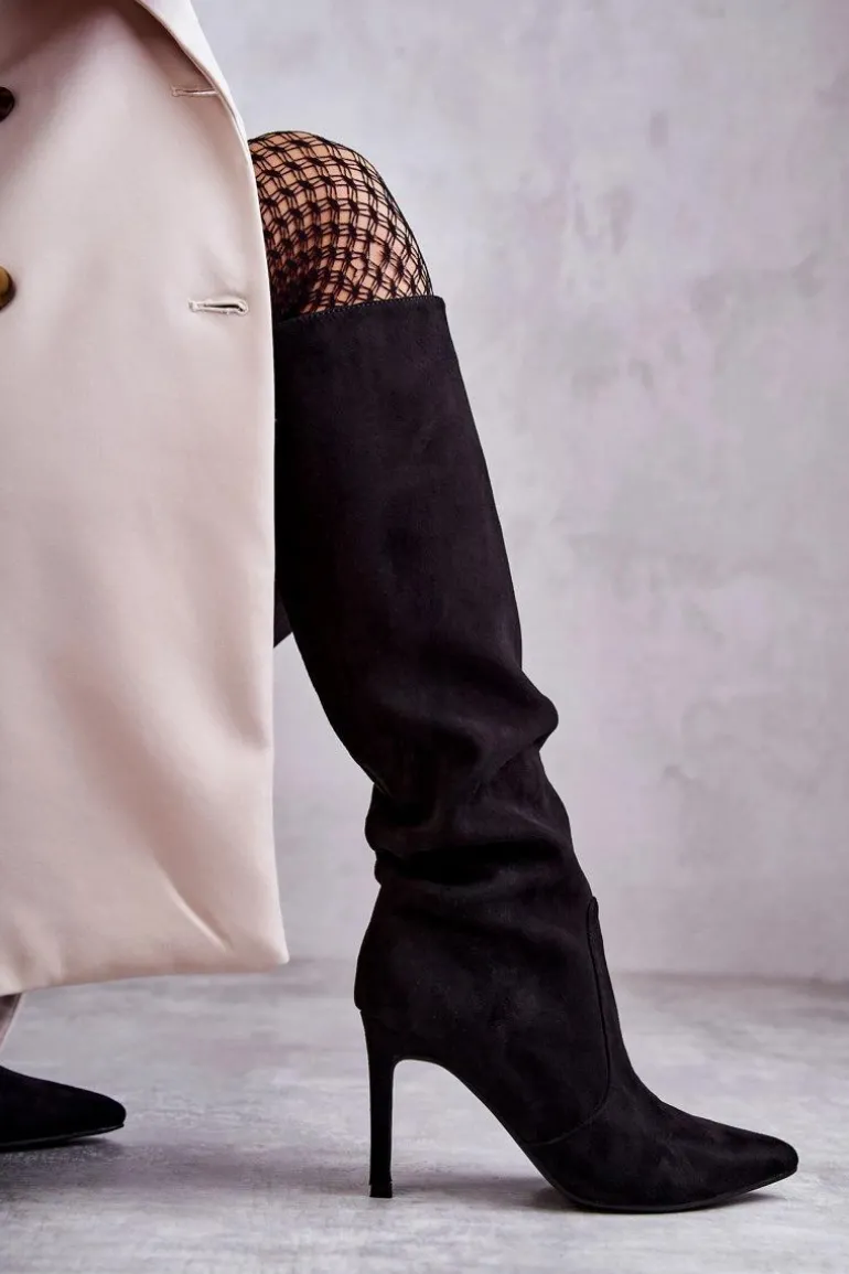 Zamszowe Kozaki Na Szpilce Czarne Carite