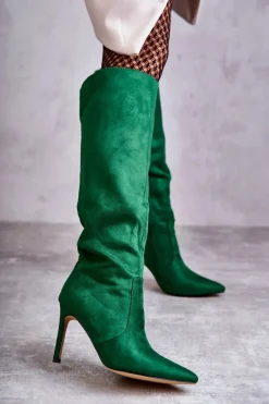 Zamszowe Kozaki Na Szpilce Zielone Carite