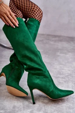 Zamszowe Kozaki Na Szpilce Zielone Carite